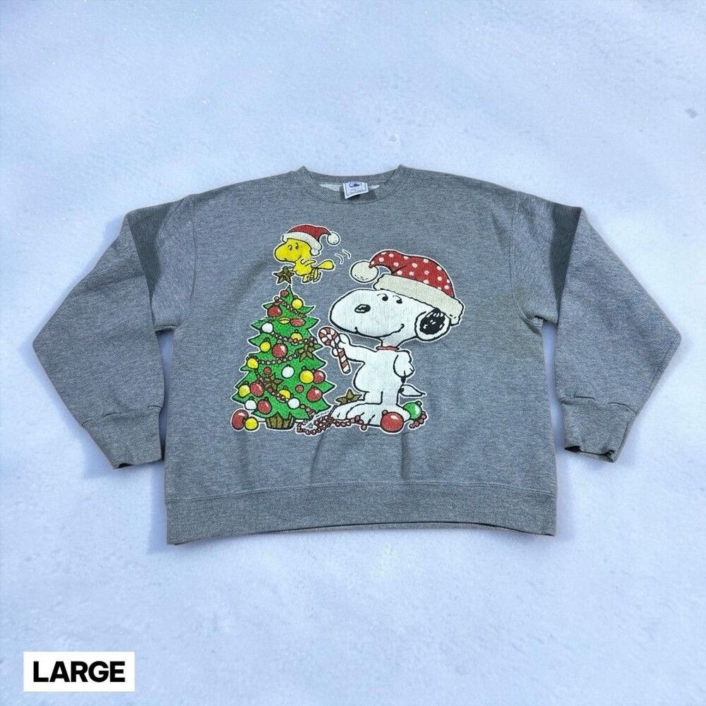 Vintage 90s Peanuts Snoopy Woodstock Sweatshirt Christmas Tree Holiday LARGE